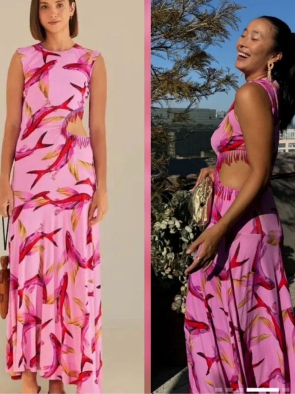 FARM Rio Pink Rare Tropical Cutout Maxi Dress with Red and Yellow Accents - Picture 1 of 5
